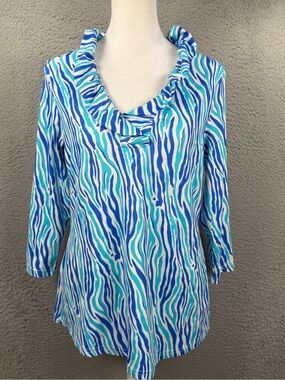 Anthonys Resort Wear Top Womens Medium Colorful Palm Tree AOP Ruffle V Neck